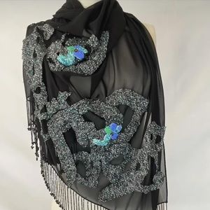 Silk black scarves with embroidery and sequins handmade